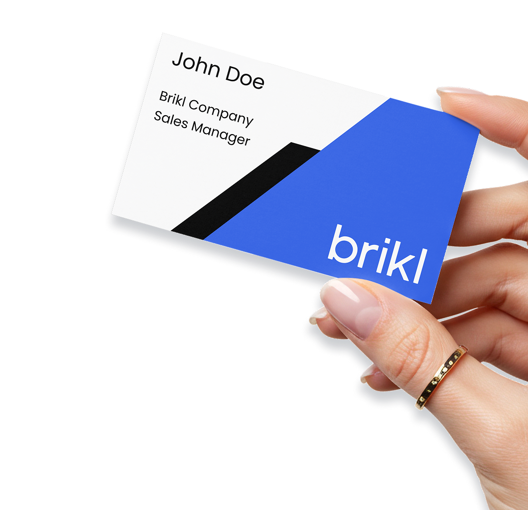 Woman holding a personalized Brikl business card