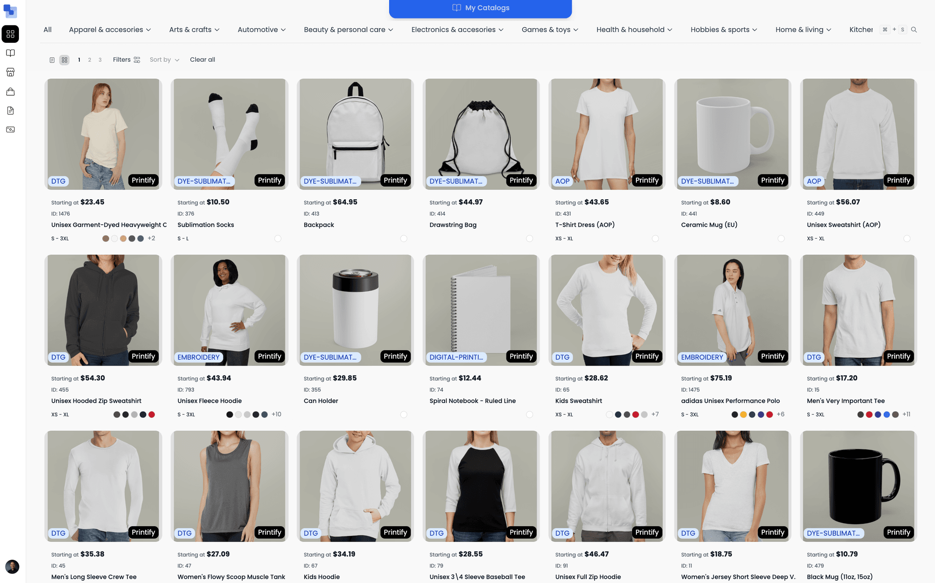 Printify products in the Brikl marketplace — apparel, drinkware, bags, and accessories with DTG, sublimation, embroidery, and AOP decoration method badges